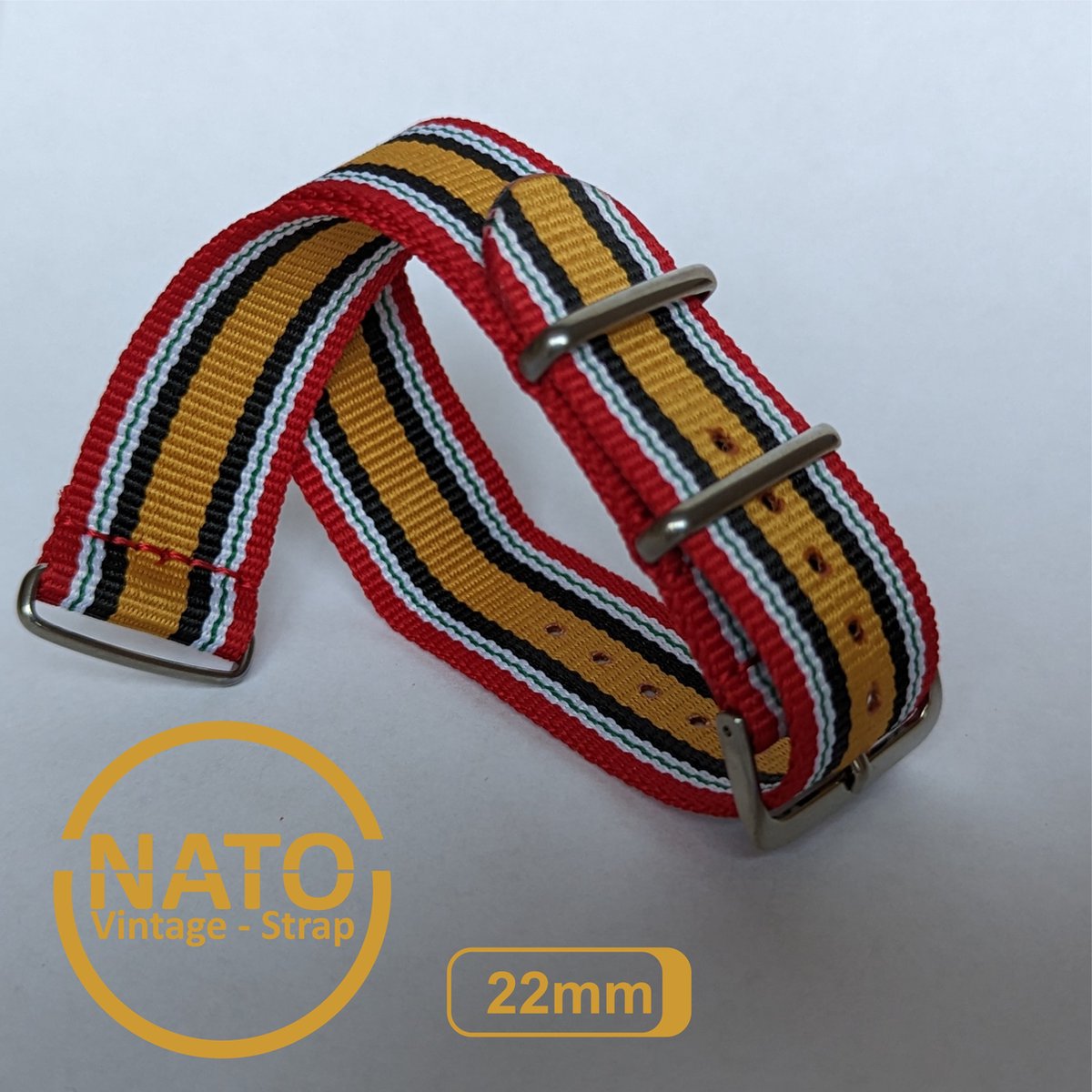 22mm Premium Nato Strap Geel Zwart Rood Wit - Vintage James Bond - Nato Strap collectie - Mannen - Vrouwen - Horlogeband - 22 mm bandbreedte voor oa. Seiko Rolex Omega Casio en Citizen