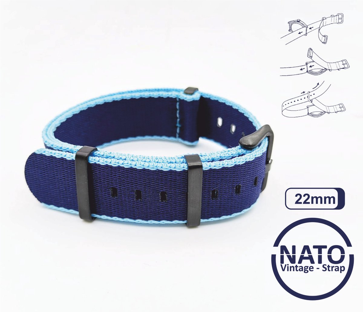 22mm Nato Strap BLAUW met zwarte gesp - Vintage James Bond - Nato Strap collectie - Mannen - Vrouwen - Horlogeband - 22 mm bandbreedte