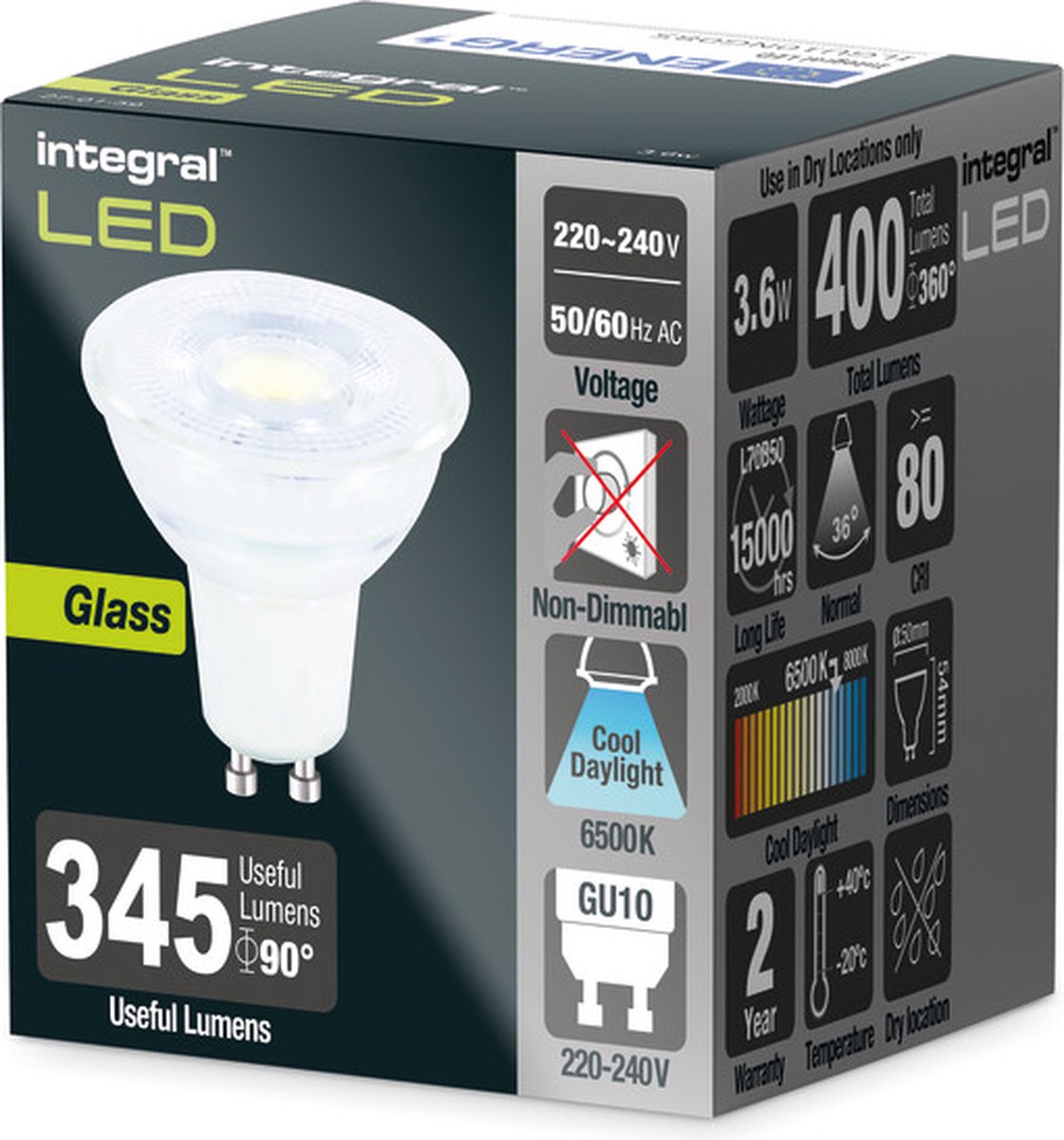 Spot LED Integral GU10 1800-2700K blanc chaud 3,6W 380lumen sur