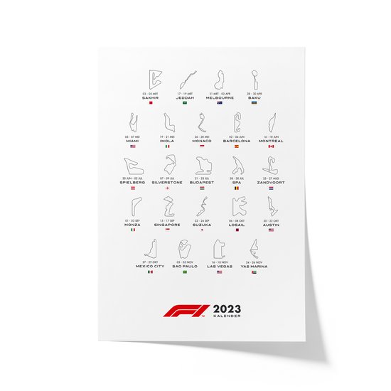 Formule 1 Circuit Poster Kalender 2023 - Circuit Schema - F1 Circuits - Grand Prix - Premium Papier Mat - 40x60 cm