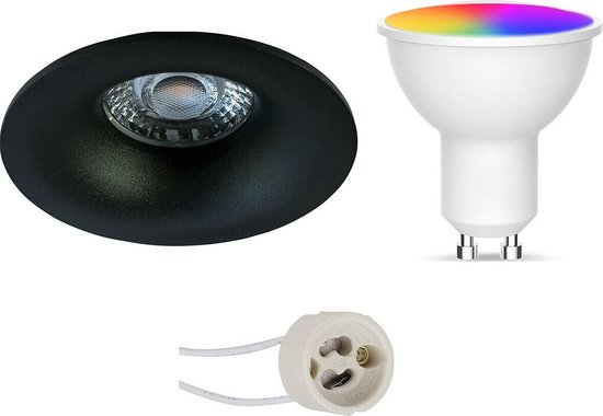 LED Spot Set GU10 - Oficto - Smart LED - Wifi LED - Slimme LED - 5W - RGB+CCT - Aanpasbare Kleur - Dimbaar - Afstandsbediening - Proma Nora Pro - Inbouw Rond - Mat Zwart - Ø82mm