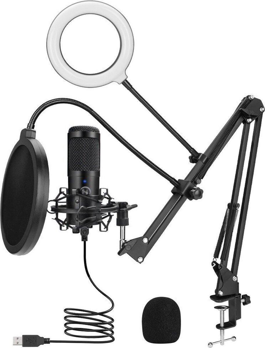 USB Microfoon met Arm en Ringlight - Voor Pc / Karaoke / Gaming - Plug & Play - Zwart