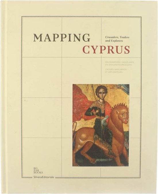 Voorzijde van het boek Mapping Cyprus met een iconenafbeelding van een heilige op een leeuw.