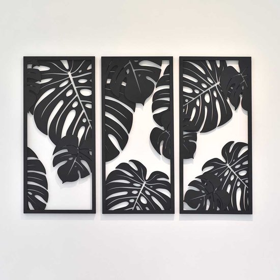 Monstera Jungle drieluik - houten wanddecoratie - XL - zwart