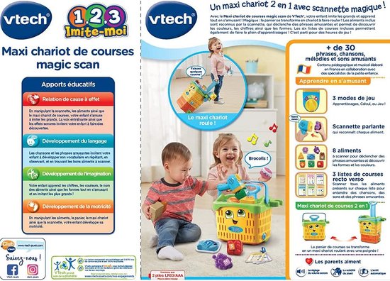 De verpakking van de VTech Maxi boodschappenkar met afbeeldingen van kinderen en speelgoed.