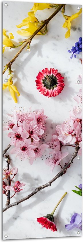 Tuinposter – Mix van Verschillende Bloemen en Planten in Meerdere Kleuren - 50x150 cm Foto op Tuinposter (wanddecoratie voor buiten en binnen)