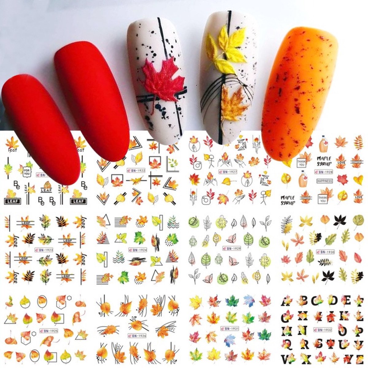 Goedkoopste 12 Stuks Nagelstickers – Bladeren Herfst, Alfabet met Blad, Blad met Omlijning – Nail Art Stickers