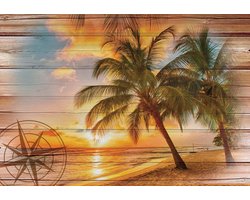 Fotobehang - Vlies Behang - Stand, Zee en Palmboom op Houten Planken - Tropisch - 152,5 x 104 cm