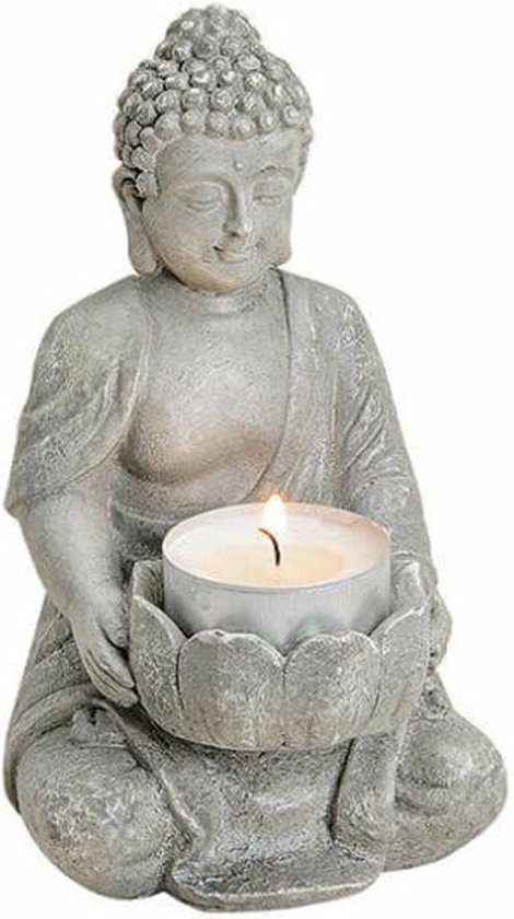 Grijs boeddha beeldje met waxine/theelicht houder 14 cm - Woondecoratie/Tuindecoratie - Kaarsenhouder