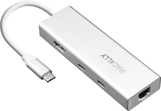 Macally UCDOCK Aluminium 6-in-1 USB-C hub met 1 HDMI poort, 1 Ethernet poort, 2 USB-A en 2 USB-C poorten - Zilverkleurig
