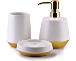 Badkameraccessoires set Eda - 3-delig - Zeepdispenser, Zeephouder, Beker - Keramiek - Wit / Goud