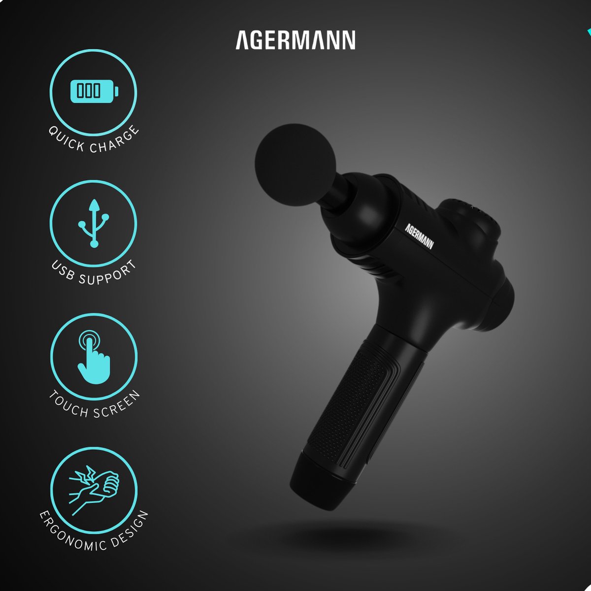 Afbeelding 2 van AGERMANN - Massage Gun Pro - 12 opzetstukken - Touchscreen - Professioneel - Sport Massage Apparaat - - 3300 mah - Zwart