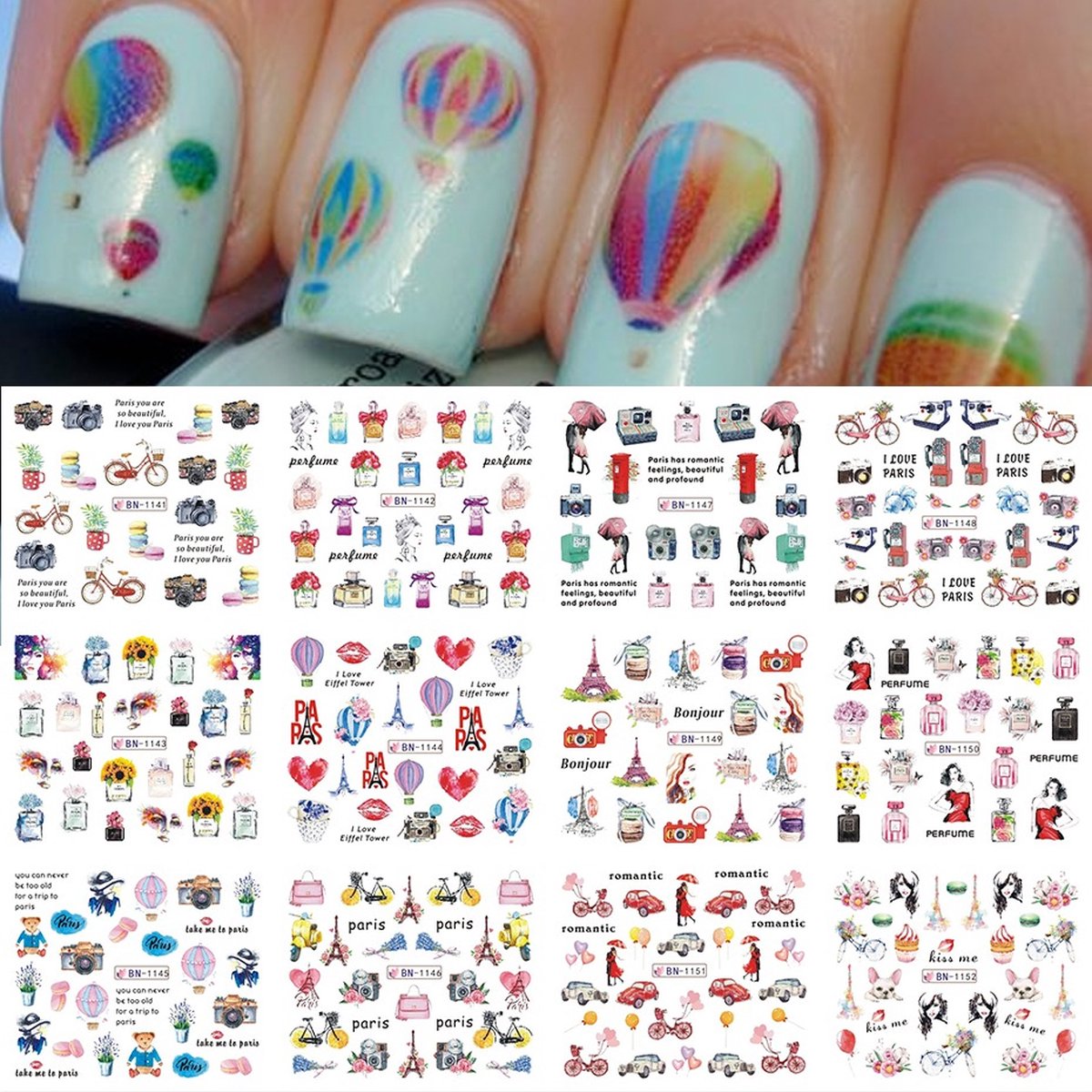 Goedkoopste 12 Stuks Nagelstickers – Parijs – Nail Art Stickers – Set van 12 nagelstickers – Parijs designs – nail art – Gemakkelijk aan te brengen – thuis en salons – Unieke en romantische stickers