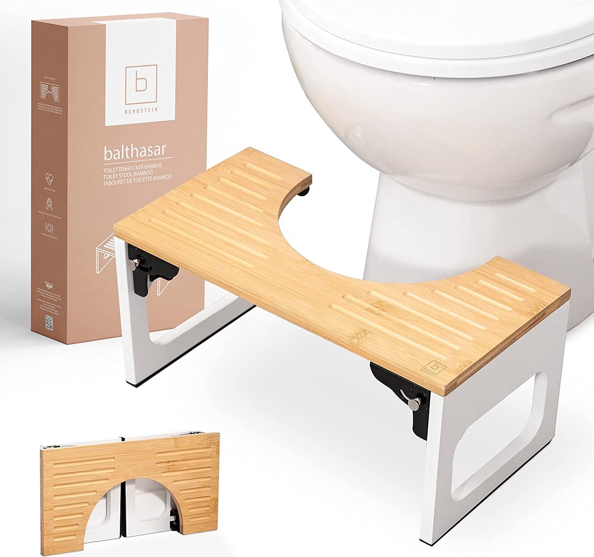 Toiletkruk van bamboe, 37 x 20 x 17 cm, antislip en ergonomische toiletkruk voor spijsvertering, ruimtebesparende toiletkruk voor toilet en badkamer (zwart