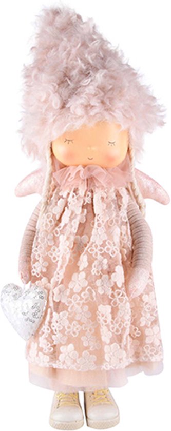 Dekoratief - Engelpop - staand - in kanten jurk en fluffy muts - roze