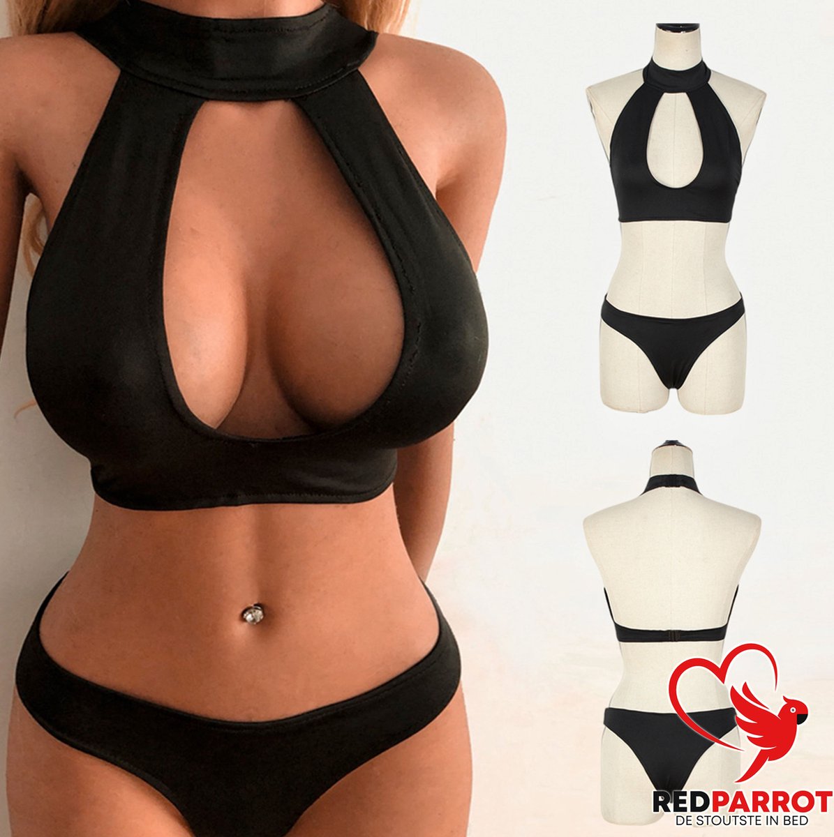 Erotische Lingerie met Choker kraag, Open BH, Beha en slip, Sexy kleding