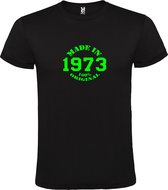 Zwart T-Shirt met “Made in 1973 / 100% Original “ Afbeelding Neon Groen Size XS