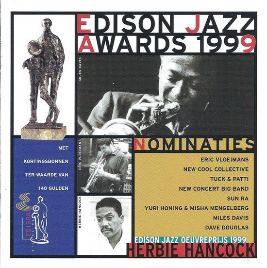 CD-hoes Edison Jazz Awards 1999. Portretten van Miles Davis, Eric Vloeimans en Herbie Hancock.