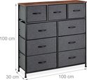 Dressoir met 9 grijze lades, met houten top en zwart metalen frame. Afmetingen: 100x100x30cm.