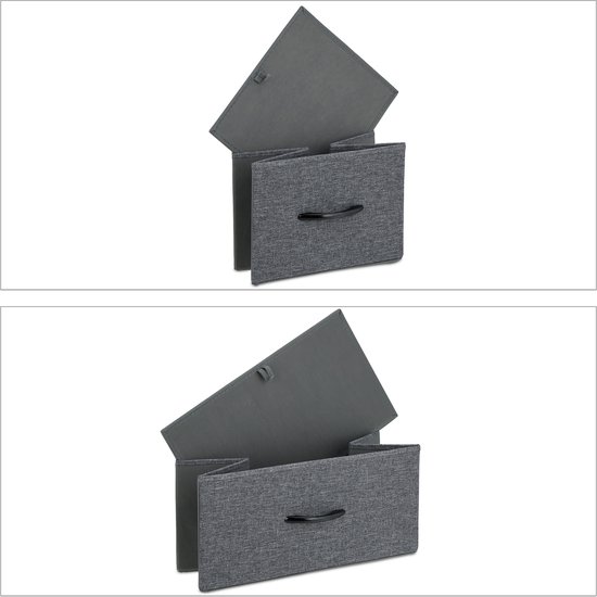 Twee grijze stoffen opbergdozen met handgreep. De bovenste is open met een deksel omhoog.