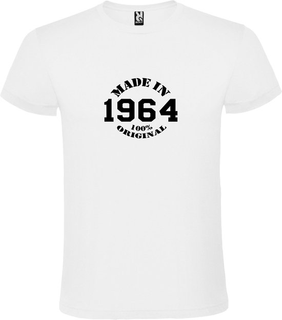 Wit T-Shirt met “Made in 1964 / 100% Original “ Afbeelding Zwart Size L