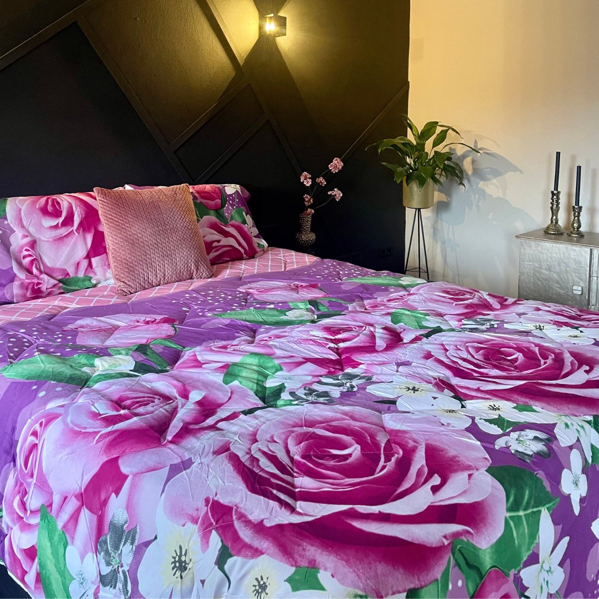 Qiwagu Wit Dekbed, 200 x 200 cm, 4-seizoenen, roze bloemen, omkeerbaar