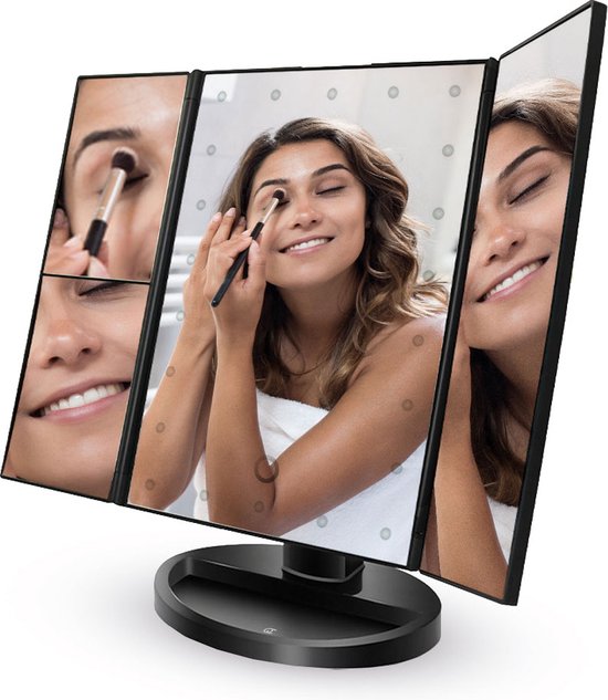 FlinQ 4-in-1 Make-Up Spiegel - Spiegel met verlichting - Spiegel staand - Vergrootspiegel - Oplaadbaar - Zwart