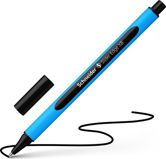 Een blauwe Schneider Slider Edge XB pen met zwarte dop, schrijvend op een witte ondergrond.