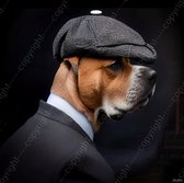 JJ-Art (Canvas) 100x100 | Hond in pak / kostuum met pet / hoed als Peaky Blinders in Fine Art - woonkamer slaapkamer | dier, man, portret, zwart, wit, blauw, bruin, vierkant, modern | Foto-Schilderij print op Canvas (canvas wanddecoratie)