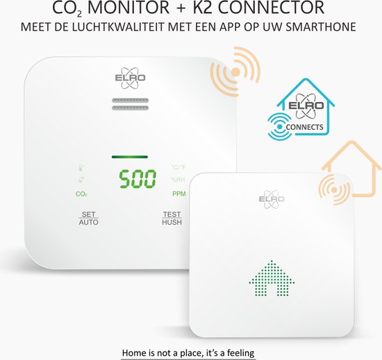 CO2 monitor en K2 connector tonen connectiviteit met app. CO2 monitor display '500'.