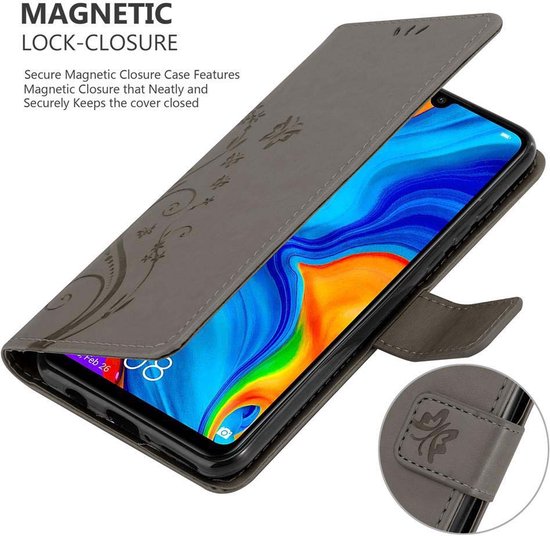 Cadorabo Hoesje geschikt voor Huawei P30 LITE in BLOEMEN GRIJS - Beschermhoes in bloemmotief met magnetische sluiting, standfunctie en kaartsleuven Book Case Cover Etui