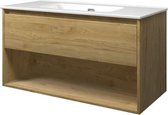 Proline Elegant badkamermeubelset - 100x46x54cm - porselein Elegant wastafel - 0 kraangaten - met schap - MFC Ideal oak/Glans wit