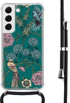Hoesje met koord geschikt voor Samsung Galaxy S22 - Vogels Japanse bloemen - Inclusief zwart koord - Crossbody beschermhoes - Transparant, Groen - Mooie Telefoonhoesjes
