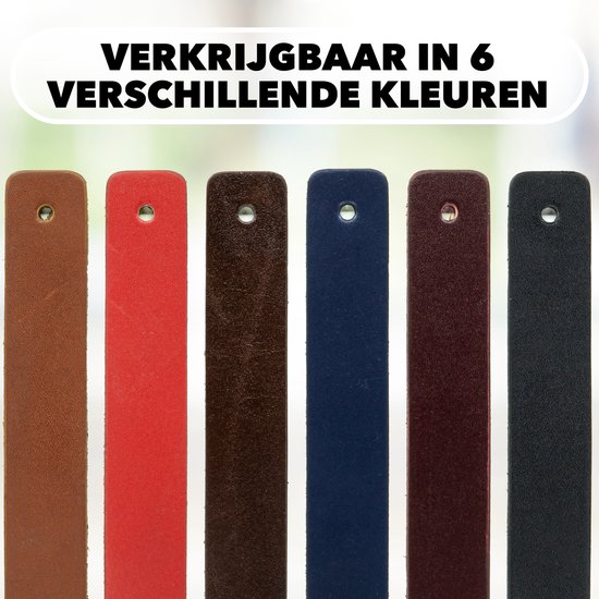 Zes leren lussen in verschillende kleuren: cognac, rood, bruin, donkerblauw, bordeauxrood en zwart. Tekst: "VERKRIJGBAAR IN 6 VERSCHILLENDE KLEUREN".