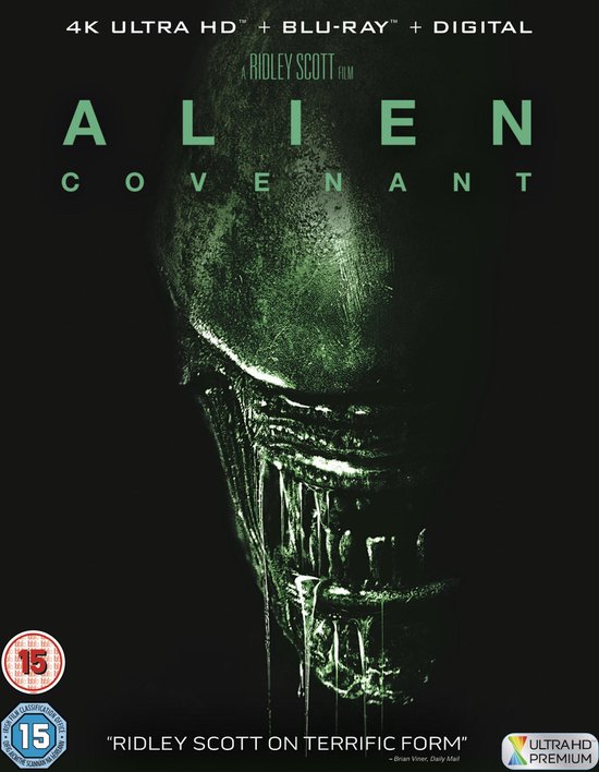 Alien Covenant 4K Blu-ray hoes met een groen verlicht buitenaards wezen in het donker.