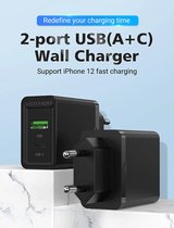 Vention Hoogwaardige Kwaliteit 2-port USB-C (Type C) en USB-A Adapter-snellaader(20W/18W) EU-Plug Zwart-geschikt iphone,android en meer