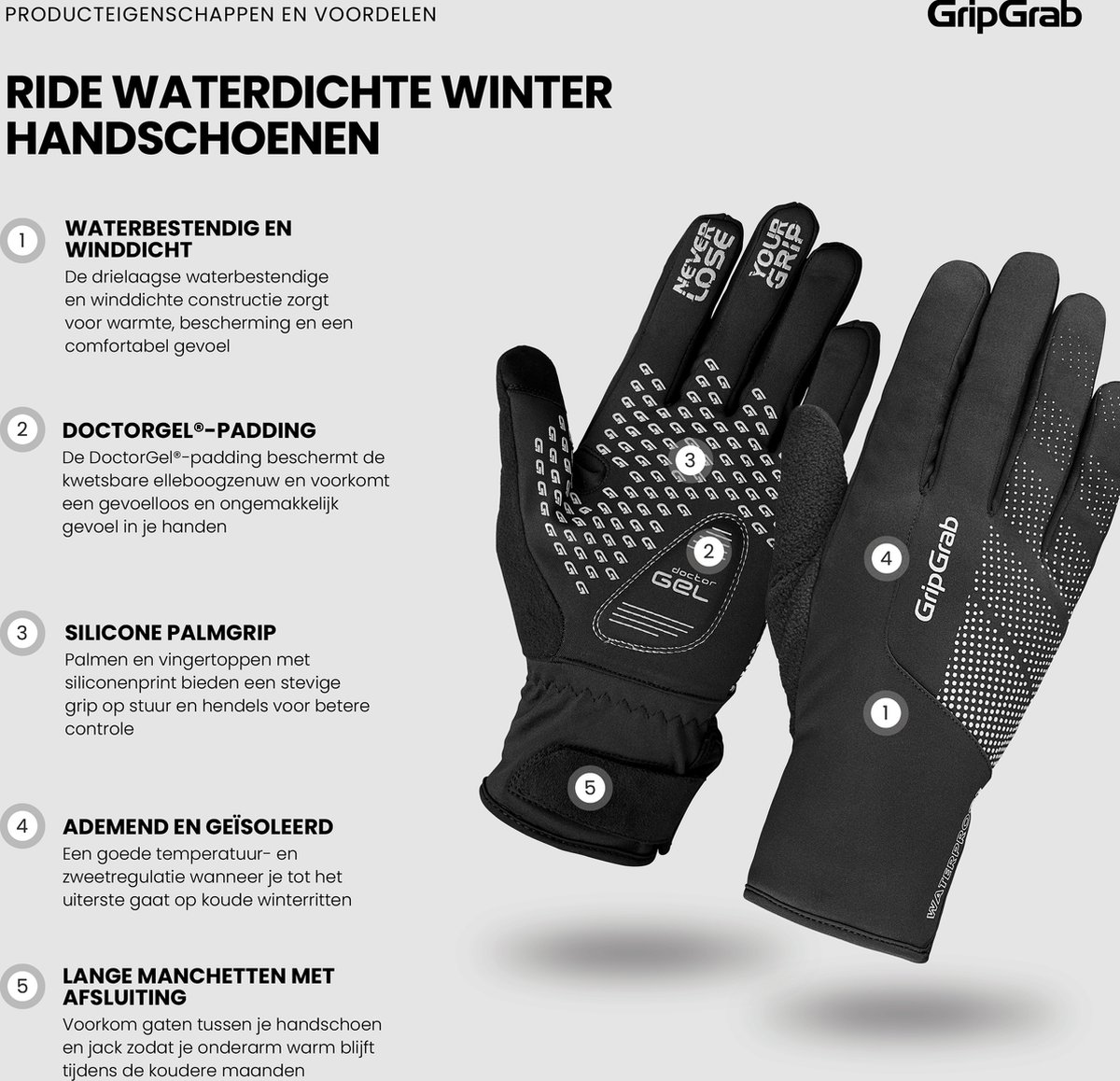 GripGrab - Ride Waterproof Winter Fietshandschoenen Lange Vinger - Unisex -  Zwart - Maat L | bol