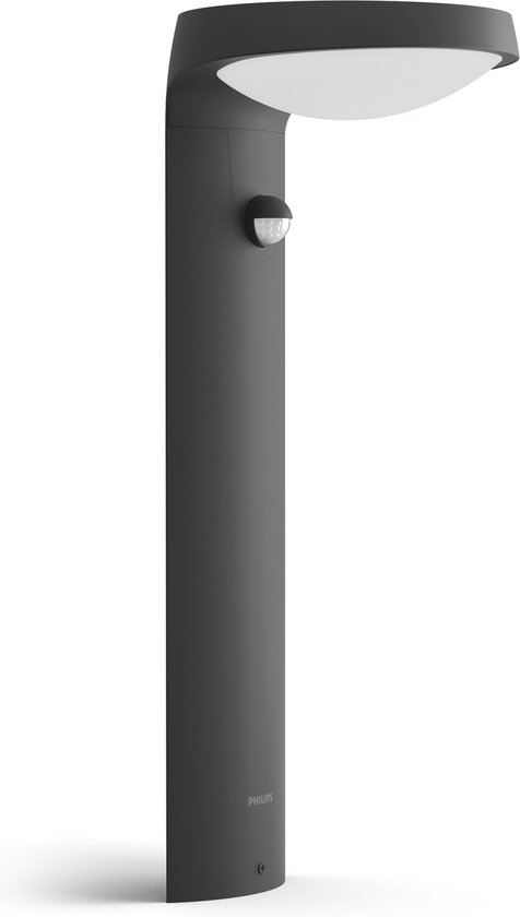 Antracietkleurige Philips LED sokkellamp met bewegingssensor en gebogen kap.