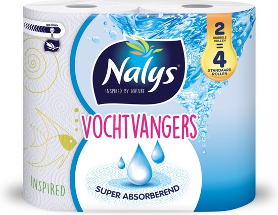 Rouleau de papier de cuisine Nalys Vochtvangers avec emballage bleu et blanc. Texte: 2 ROLLEN DOUBLES, 4 ROULEAUX STANDARDS.