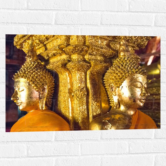 Muursticker - Pilaar met Gouden Boeddha's en Details - 75x50 cm Foto op Muursticker