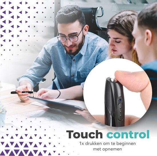 Mensen in een kantoor bekijken een tablet. Close-up van een duim die de camera van de pen activeert. Tekst: 'Touch control, 1x drukken om te beginnen met opnemen'.