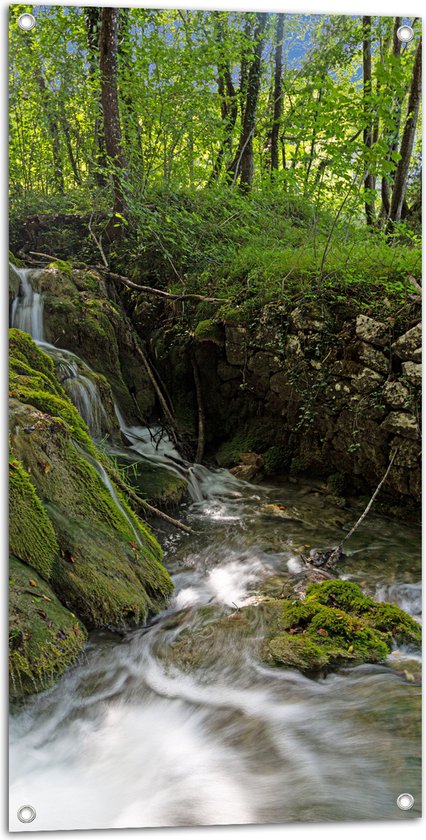 Tuinposter – Kleine Watervallen Stromend in Riviertje in het Bos - 50x100 cm Foto op Tuinposter (wanddecoratie voor buiten en binnen)