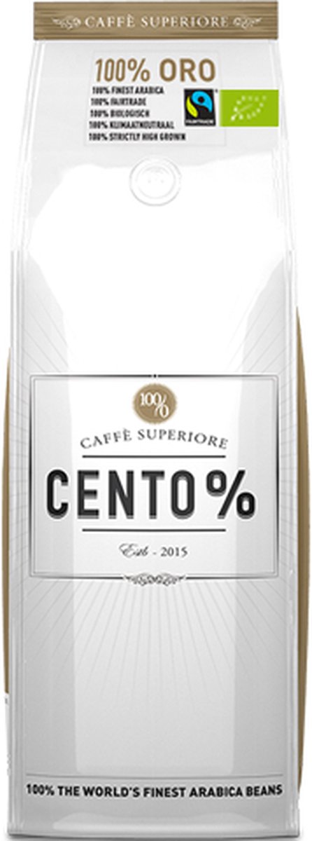 Cento% Oro | Donker gebrande koffiebonen | Barista kwaliteit | Biologische koffie | Fairtrade | 750 gram | 100% Arabica | Topkwaliteit