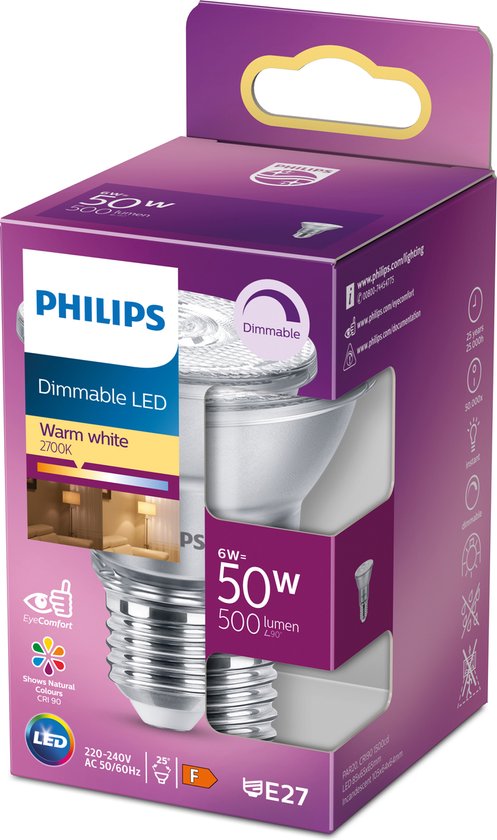 Philips Reflectorlamp (dimbaar), 6 W, 50 W, E27, 500 lm, 25000 uur, Warm wit
