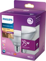 Philips Reflectorlamp (dimbaar), 9,5 W, 75 W, E27, 740 lm, 25000 uur, Warm wit