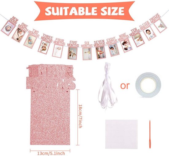 Complete 1e Verjaardag Decoratieset Voor Meisje – Fotobanner Van Pasgeboren Tot 12 Maanden Met Maandkaarten, Slinger En Taarttopper In Rose Goud