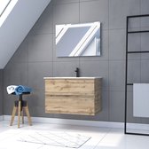 Meuble de salle de bain 80x54 - Finition chêne naturel + vasque blanche + miroir LED - WOOD 80 - Pack36