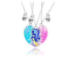 Bixorp Friends BFF Ketting voor 3 met Glitter Hartje - Blauw & Roze Hart Zilverkleurig - Vriendschapsketting - Drie Helften Best Friends - Voor Meisjes - Best Friends Ketting Vriendschap Cadeau voor Drie