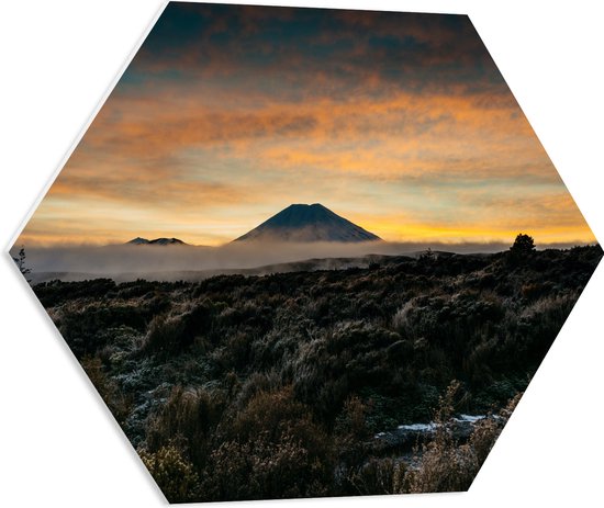 PVC Schuimplaat Hexagon - Vulkaan in de Verte van Prachtitg Landschap - 60x52.2 cm Foto op Hexagon (Met Ophangsysteem)