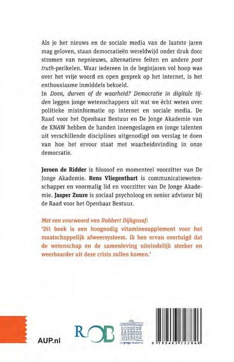 Achterkant van het boek Doen, durven of de waarheid? met tekst en ISBN.